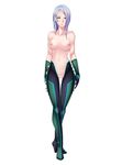  1girl ass blue_hair bodysuit breasts brown_hair butcha-u character_sheet female flat_color full_body high_heels hyouryuu_kangoku_chronos legs_crossed lilith-soft nude simple_background skin_tight smile soiree_(chronos) solo space_suit standing white_background 