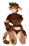  4_fingers anthro armwarmer breasts brown_eyes brown_fur brown_hair cat clothed clothing feline female fur hair hand_on_hip looking_at_viewer mammal midriff navel paws pink_nose simple_background solo vexstacy white_background wide_hips 