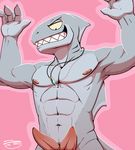  2016 abs animal_genitalia animal_penis anthro armpits erection fish hemipenes jewelry male marine multi_penis muscular muscular_male necklace nipples nude penis shark simple_background smile solo teeth zawmg 