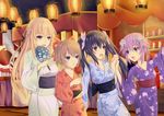  black_hair blanc blonde_hair blue_eyes brown_hair candy_apple d-pad d-pad_hair_ornament fan food hair_ornament hair_ribbon highres japanese_clothes kimono long_hair looking_at_viewer multiple_girls muwa12 neptune_(choujigen_game_neptune) neptune_(series) noire open_mouth paper_fan purple_hair red_eyes ribbon sash short_hair smile twintails vert yukata 