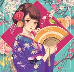  bangs bird brown_eyes brown_hair camellia cherry_blossoms chrysanthemum fan finger_to_mouth floral_background floral_print flower folding_fan hair_flower hair_ornament hairclip holding holding_fan iris_(flower) japanese_clothes japanese_white-eye kimono leaf_print lipstick looking_at_viewer makeup matsuo_hiromi obi orange_flower orange_rose original plum_blossoms purple_kimono red_lips rose sash solo tassel updo upper_body wisteria 