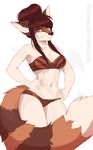  5_fingers amber_eyes anthro armpits bare_shoulders bra breasts brown_hair canine clothed clothing feline female fluffy fluffy_tail fox fur hair hand_on_hip looking_at_viewer mammal midriff navel simple_background solo underwear vexstacy white_background wide_hips 