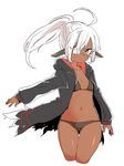  ahoge animal_ears ass_visible_through_thighs bad_id bad_twitter_id bikini black_bikini borrowed_character breasts cropped_legs dark_skin done_(donezumi) ears_down eyepatch groin highres hip_bones hips hood hood_down hooded_jacket jacket light_brown_eyes long_hair long_sleeves medical_eyepatch navel original outstretched_arm pointy_ears ponytail simple_background sleeves_past_wrists small_breasts solo swimsuit thigh_gap white_background white_eyepatch white_hair 