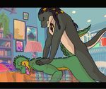  2016 alligator anal anal_penetration anthro balls bent_over clenched_teeth crocodile crocodilian digital_media_(artwork) dreadlocks duo english_text from_behind_position green_scales hand_on_back ikshun inside interspecies jeanwoof lamp looking_pleasured loop male male/male multicolored_scales nude painting penetration picture_frame purple_eyes quote reptile scales scalie sex smile sofa spikes standing tan_scales teeth text tongue tongue_out two_tone_scales yellow_scales 