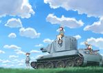  aki_(girls_und_panzer) ankle_boots bangs blue_footwear blue_skirt blunt_bangs blurry boots brown_eyes brown_hair bt-42 caterpillar_tracks closed_eyes closed_mouth cloud cloudy_sky day depth_of_field emblem girls_und_panzer grass green_eyes ground_vehicle hair_tie hands_in_pockets hat instrument jacket kantele keizoku_(emblem) keizoku_military_uniform light_brown_hair long_hair long_sleeves mika_(girls_und_panzer) mikko_(girls_und_panzer) military military_uniform military_vehicle miniskirt motor_vehicle multiple_girls music on_vehicle outdoors pants pants_rolled_up pants_under_skirt playing_instrument pleated_skirt red_eyes red_hair short_hair short_twintails sitting skirt sky smile standing tank track_jacket track_pants track_suit twintails twitter_username umiroku uniform 