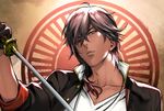  black_gloves brown_hair close-up dark_skin dark_skinned_male gloves hair_over_one_eye holding holding_sword holding_weapon jacket looking_at_viewer male_focus ookurikara open_clothes open_jacket sine solo sword touken_ranbu weapon yellow_eyes 