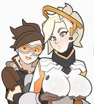  bangs blonde_hair blue_eyes bodysuit bomber_jacket breast_hold breasts brown_hair commentary goggles harness high_ponytail holding jacket large_breasts long_hair mechanical_halo mercy_(overwatch) multiple_girls overwatch ponytail short_hair spiked_hair splashbrush tracer_(overwatch) 