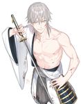  blood blood_on_face bloody_clothes cowboy_shot cuts from_above hand_on_hip holding holding_sword holding_weapon injury male_focus nipples parted_lips silver_hair simple_background sine smile solo sword touken_ranbu tsurumaru_kuninaga weapon white_background yellow_eyes 
