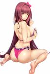  adjusting_hair ass back breasts fate/grand_order fate_(series) from_behind hair_ornament jirusu long_hair looking_back medium_breasts purple_hair red_eyes scathach_(fate)_(all) scathach_(swimsuit_assassin)_(fate) simple_background solo swimsuit weapon white_background 