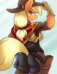  ambris anthro applejack_(mlp) blonde_hair butt clothed clothing cosplay crossover equine eyelashes female freckles friendship_is_magic gloves green_eyes gun hair hat holding_object holding_weapon mammal mccree_(overwatch) my_little_pony overwatch ranged_weapon simple_background solo standing video_games weapon white_background wide_hips 