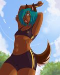  absurd_res alexis_(queenchikkbug) animal_humanoid armpits bike_shorts canine chikkbug clothed clothing digital_media_(artwork) dog girly hair hi_res humanoid male mammal navel open_mouth pointy_ears queenchikkbug shorts solo tongue 