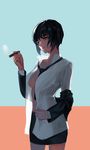  black_hair breasts cigar collarbone formal large_breasts looking_at_viewer necktie open_clothes red_eyes shirt smile smoke smoking solo standing tianlluo undressing 