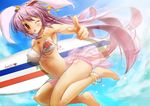  ;p animal_ears anklet asymmetrical_breasts bad_feet barefoot bikini breasts bunny_ears cloud day error jewelry jumping large_breasts long_hair midriff one_eye_closed pink_hair purple_hair purple_sarong red_eyes reisen_udongein_inaba sarong scarlet_(studioscr) see-through side-tie_bikini sky solo surfboard swimsuit tongue tongue_out touhou translucent_sarong very_long_hair wallpaper 