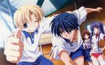  absurdres antenna_hair basketball blonde_hair blue_eyes blue_hair brown_eyes brown_hair buruma clannad fujibayashi_kyou furukawa_nagisa gym gym_uniform highres hikarizaka_private_high_school_uniform long_hair multiple_girls non-web_source official_art okazaki_tomoya one_eye_closed ponytail purple_eyes purple_hair school_uniform serafuku short_hair sunohara_youhei thighhighs very_long_hair 