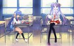  1280x800 blue_hair book classroom cosplay green_eyes hiiragi_kagami izumi_konata long_hair lucky_star necktie pocky school school_uniform serafuku suzumiya_haruhi_(cosplay) suzumiya_haruhi_no_yuuutsu tagme_(artist) twintails 