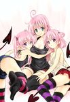  absurdres ahoge back bangs bare_back breasts cleavage demon_tail feet green_eyes highres hug lala_satalin_deviluke legs long_hair looking_back medium_breasts momo_velia_deviluke multiple_girls nana_asta_deviluke no_shoes panties pink_hair purple_eyes short_hair shorts siblings sisters skirt smile striped striped_legwear striped_panties sweater tail thighhighs to_love-ru twins twintails underwear upshorts yabuki_kentarou 