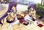  absurdres blue_eyes clannad fujibayashi_kyou fujibayashi_ryou highres hikarizaka_private_high_school_uniform long_hair multiple_girls non-web_source obentou picnic purple_eyes purple_hair school_uniform short_hair siblings sisters socks thighhighs twins very_long_hair white_legwear 