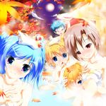  3girls aqua_eyes aqua_hair bath bathing blonde_hair blue_eyes blush breasts brown_hair cleavage full_moon grin hatsune_miku highres kagamine_len kagamine_rin kaito leaf long_hair maple_leaf medium_breasts meiko moon multiple_boys multiple_girls nironiro red_eyes short_hair smile towel twintails vocaloid 