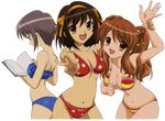  absurdres asahina_mikuru bikini book breasts brown_hair cleavage hair_ribbon highres large_breasts long_hair medium_breasts midriff mole mole_on_breast multiple_girls nagato_yuki navel open_mouth ribbon short_hair suzumiya_haruhi suzumiya_haruhi_no_yuuutsu swimsuit transparent_background v vector_trace 