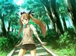  blue_eyes brown_hair flat_chest forest hair_ribbon highres houru long_hair nature original ribbon skirt sleeves_rolled_up solo sweater twintails 