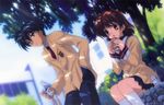  1girl absurdres antenna_hair blue_eyes blue_hair brown_eyes brown_hair clannad dappled_sunlight furukawa_nagisa highres hikarizaka_private_high_school_uniform ikeda_kazumi official_art okazaki_tomoya scan school_uniform sunlight 