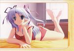  absurdres arisa_aix-les-bains arm_support barefoot bed blue_hair camisole colorful_aquarium highres kiba_satoshi long_hair lying panties purple_eyes ribbon soles solo twintails underwear 