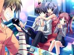  2boys 2girls game_cg harukazedori_ni_tomarigi_wo highres hug indoors kaneda_akiho karaoke microphone momotani_harune multiple_boys multiple_girls okina_shingo sitting tatsumiya_ryouta 