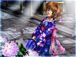  cardcaptor_sakura flower highres hydrangea japanese_clothes kimono kinomoto_sakura mutsuki_(moonknives) non-web_source oriental_umbrella solo umbrella 