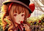  :o artist_name bare_tree black_hat blush brown_hair bush candy choker day fence food hat highres holding holding_food kirimatsu lollipop looking_at_viewer open_mouth original outdoors park plant pointy_ears red_eyes red_ribbon ribbon ribbon_choker solo sunlight sweets top_hat tree upper_body watermark wavy_hair web_address 