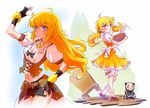  ahoge apron bear blonde_hair bloomers bodice dress dual_persona goldilocks_(grimm) goldilocks_and_the_three_bears grimm iesupa long_hair looking_at_viewer midriff navel orange_dress puffy_short_sleeves puffy_sleeves purple_eyes rwby short_sleeves twintails underbust underwear ursa_(rwby) yang_xiao_long younger 