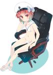  armchair bikini brown_eyes brown_hair chair commentary_request full_body groin hat highres imu_sanjo kantai_collection long_legs looking_at_viewer navel office_chair sailor_bikini sailor_collar sailor_hat sandals short_hair simple_background sitting smile solo swimsuit white_background white_bikini white_hat z3_max_schultz_(kantai_collection) 