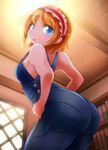  :o alice_margatroid alternate_costume ass bad_id bad_pixiv_id bare_arms bare_shoulders bent_over blonde_hair blue_eyes blush book bookshelf breasts cowboy_shot day denim frills from_behind from_below from_side hairband hands_on_hips indoors light looking_at_viewer looking_back looking_down medium_breasts naked_overalls open_mouth overalls pocket shimizu_pem short_hair sideboob solo standing strap_gap touhou window 