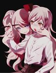  1girl belt belt_buckle black_background blush brown_eyes brown_pants buckle bunny_hair_ornament buttons collared_shirt crying crying_with_eyes_open danganronpa enoshima_junko grin hair_ornament hand_on_another's_face holding holding_pen long_sleeves looking_at_viewer maruino mitarai_ryouta nail_polish pants parted_lips pen pleated_skirt purple_eyes red_nails shaded_face shirt short_hair short_sleeves simple_background sitting skirt smile spoilers tears teeth twintails white_shirt wing_collar wrist_grab 
