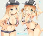  ;d adapted_costume alternate_costume arm_up bare_arms bare_shoulders bikini bismarck_(kantai_collection) blonde_hair blue_eyes breasts cleavage commentary_request green_eyes hat hitsuji_takako holding_hands kantai_collection large_breasts long_hair looking_at_viewer multiple_girls one_eye_closed open_mouth peaked_cap prinz_eugen_(kantai_collection) side-tie_bikini sideboob smile swimsuit twintails twitter_username underboob 