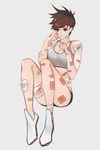  ankle_wrap arm_wrap bad_id bad_twitter_id bandaged_arm bandaged_leg bandages bandaid bandaid_on_arm bandaid_on_finger bandaid_on_hand bandaid_on_leg bandaid_on_shoulder bandaid_on_stomach bangs bare_shoulders breasts brown_eyes brown_hair closed_mouth crop_top ear_piercing eyebrows eyebrows_visible_through_hair hand_on_own_face highres injury leg_wrap medium_breasts neosnim overwatch piercing poultice shoes shorts solo spiked_hair swept_bangs tracer_(overwatch) 