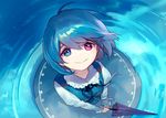  :&gt; ainy77 bad_id bad_pixiv_id blue_eyes blue_hair blue_neckwear blue_ribbon blue_skirt blue_vest closed_mouth closed_umbrella commentary dutch_angle frilled_shirt_collar frills from_above heterochromia holding holding_umbrella juliet_sleeves long_sleeves looking_at_viewer looking_up neck_ribbon puffy_sleeves purple_eyes ribbon ripples short_hair signature skirt smile solo standing standing_on_liquid tatara_kogasa touhou umbrella v_arms vest water 