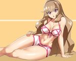  :o abs absurdres arm_support bikini bnc_(bunshi) breasts brown_hair cleavage front-tie_top hairband hand_on_hip highres large_breasts long_hair looking_at_viewer mizuki_waka navel open_mouth red_eyes shiny shiny_skin solo swimsuit thick_thighs thighs time_travel_shoujo:_mari_waka_to_8-nin_no_kagakusha-tachi 