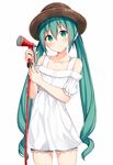  alternate_costume bare_shoulders blue_shorts brown_hat casual collarbone cowboy_shot cutoffs denim denim_shorts dress eyebrows eyebrows_visible_through_hair frilled_sleeves frills green_eyes green_hair hair_ornament hair_scrunchie hat hatsune_miku head_tilt hiiragi_hajime holding hose long_hair looking_at_viewer low_twintails off-shoulder_dress off_shoulder puffy_short_sleeves puffy_sleeves scrunchie short_shorts short_sleeves shorts shoulder_cutout simple_background solo standing straw_hat sundress tareme twintails very_long_hair vocaloid white_background 