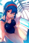  arm_support bad_id bad_pixiv_id bare_legs barefoot blue_hair blue_swimsuit blush breasts cleavage closed_mouth collarbone competition_swimsuit day foreshortening gakuen_taisen_valkyries glasses hairband holding indoors lens_flare looking_at_viewer medium_breasts one-piece_swimsuit pool red_eyes rei_no_pool rimless_eyewear ryuji_(ikeriu) sabra_greengold sitting smile solo sunlight swimsuit tile_floor tiles towel water water_drop wet yokozuwari 