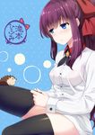  1girl blue_eyes blush breasts hair_ribbon long_hair new_game! ponytail purple_hair sitting solo sorano_(12gou) takimoto_hifumi thighhighs 