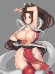  areola_slip areolae breasts brown_eyes brown_hair cleavage fatal_fury grey_background japanese_clothes large_breasts long_hair md5_mismatch no_panties obui ponytail shiranui_mai simple_background smile solo the_king_of_fighters thighs 