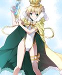  alternate_costume artoria_pendragon_(all) artoria_pendragon_(swimsuit_archer) bare_legs blonde_hair bow cape closed_mouth competition_swimsuit contrapposto covered_navel crown eyebrows eyebrows_visible_through_hair fate/grand_order fate/stay_night fate_(series) fur_collar fur_trim green_eyes groin holding legs_apart looking_at_viewer one-piece_swimsuit short_hair smile solo standing striped striped_bow swimsuit thigh_strap tsuedzu water_gun white_swimsuit yellow_cape 