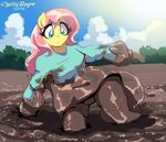  2016 anthro anthrofied clothed clothing cloud equine female fluttershy_(mlp) friendship_is_magic hair horse long_hair mammal mud my_little_pony outside pink_hair pony solo willisrisque 
