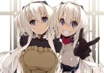  2girls :&lt; bangs black_bodysuit blue_eyes blush bodysuit breasts cleavage collarbone detached_sleeves dual_persona eyebrows_visible_through_hair frills frown grin hair_between_eyes hand_on_another&#039;s_shoulder headband highres horizon_ariadust kyoukaisenjou_no_horizon large_breasts long_hair multiple_girls shikei silver_hair skin_tight smile sweater v window 