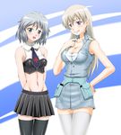  2girls bare_shoulders blonde_hair blue_eyes blush breasts eila_ilmatar_juutilainen grin groin large_breasts long_hair looking_at_viewer midriff multiple_girls navel open_mouth purple_eyes sanya_v_litvyak silver_hair sitting skirt small_breasts smile standing strike_witches 