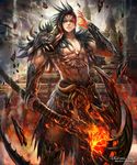  armor black_hair brown_eyes embers facial_mark forehead_mark glowing glowing_eye grey_sky heterochromia holding holding_weapon kei1115 lightning looking_at_viewer male_focus muscle outdoors parted_lips pixiv_username red_eyes scythe shingoku_no_valhalla_gate shoulder_armor skull_necklace solo standing tattoo tooth_necklace tower watermark weapon web_address 