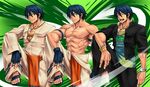  abs blue_hair bracelet closed_eyes fingerless_gloves gloves green_eyes iwa-saka jewelry multiple_boys multiple_persona necklace open_mouth pepe_rodriguez rage_of_the_dragons sandals shirtless snk sparkle teeth 