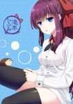  1girl blue_eyes blush breasts hair_ribbon long_hair looking_at_viewer new_game! open_mouth ponytail purple_hair sitting solo sorano_(12gou) takimoto_hifumi thighhighs 