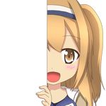  :d bangs blush eyebrows_visible_through_hair hairband i-26_(kantai_collection) kantai_collection light_brown_eyes light_brown_hair long_hair looking_at_viewer nagineko open_mouth peeking_out smile solo swimsuit transparent_background two-tone_hairband two_side_up 