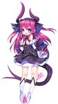  :3 :d arm_warmers asymmetrical_horns bare_shoulders blue_eyes blush boots corset detached_sleeves dress elizabeth_bathory_(fate) elizabeth_bathory_(fate)_(all) fate/extra fate/extra_ccc fate_(series) hair_ribbon horns knee_boots long_hair looking_at_viewer open_mouth pink_hair pointy_ears ribbon simple_background smile solo standing tail two_side_up utm white_background white_footwear 